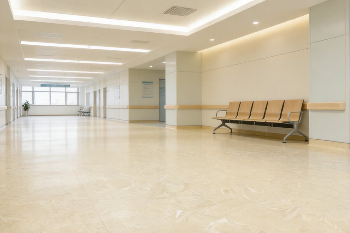 Hospital corridor with installed homogeneous flooring